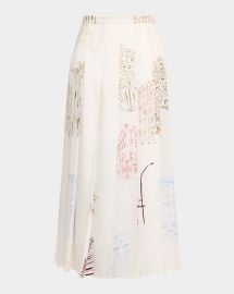 Pleated Manhattan-Print Fluid Twill Midi Skirt at Neiman Marcus